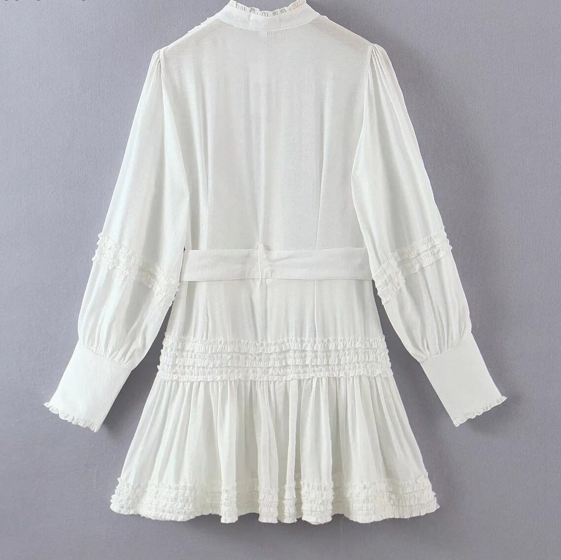 Gypsy/ Vintage White Cotton Mini Dress with Lantern Sleeves and Double White Belt