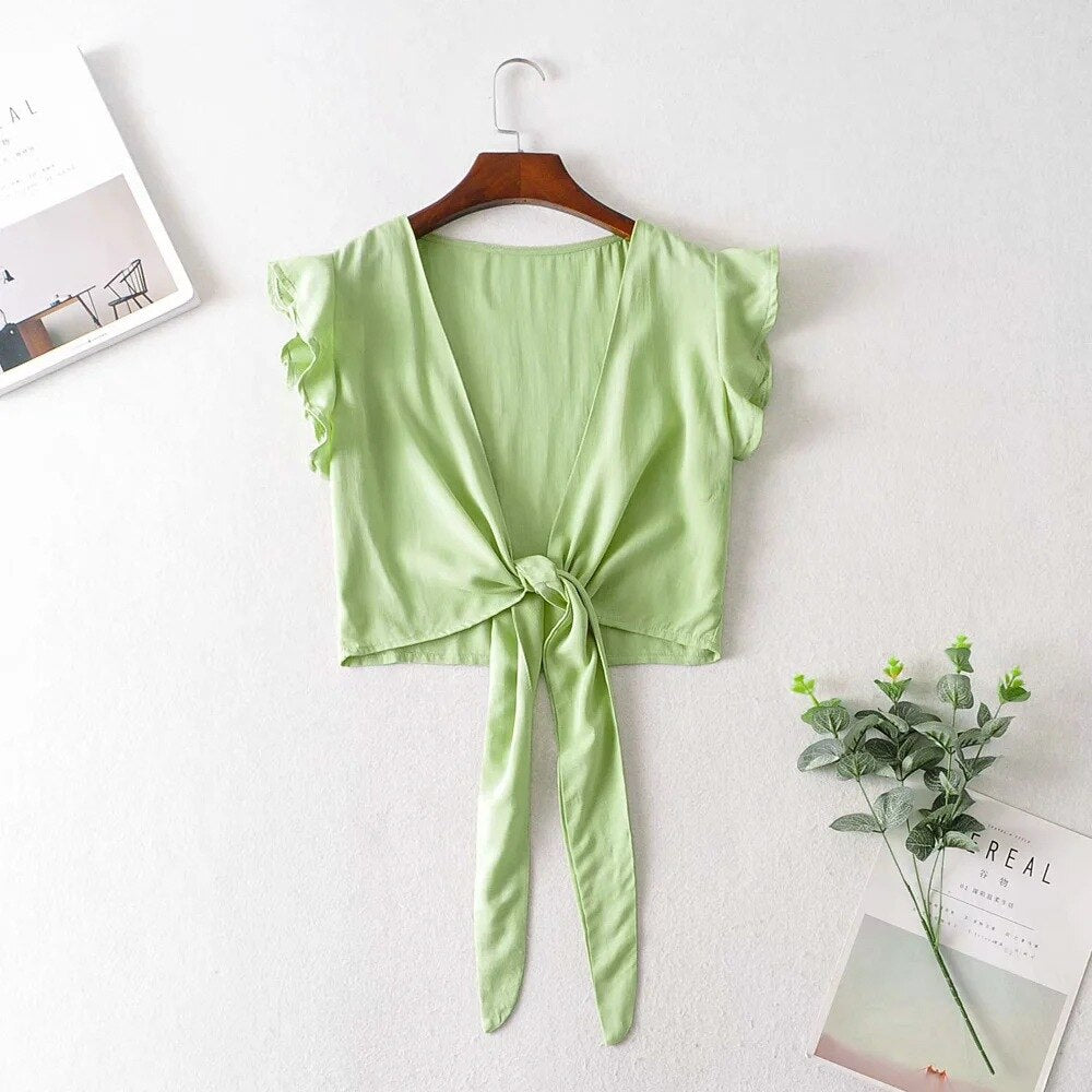 Boho Style Sexy Summer Crop Top With Ruffle Sleeves and V-Neck Casual Tie Up Front