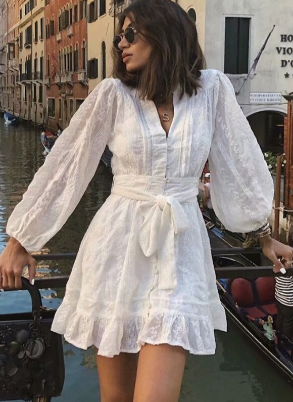 Bohemian White Lace Embroidered Mini Dress with Long Sleeves and Loose Tie Up