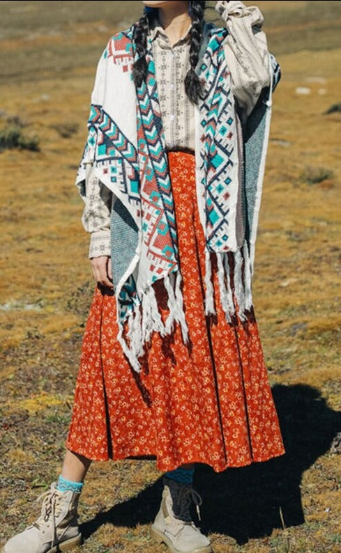 Winter Tribal Printed Gypsy/ Boho Knitted Poncho Cape with Tassels