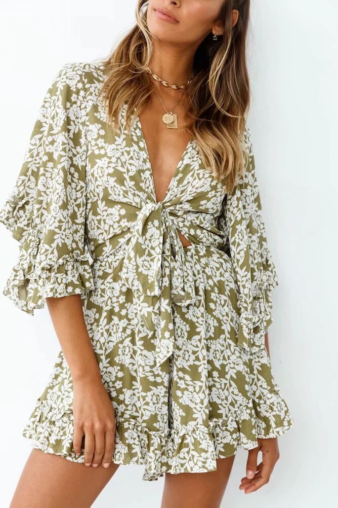 Gypsy/ Boho Floral Printed Mini Dress with Deep V-Neck, Bow and Ruffles