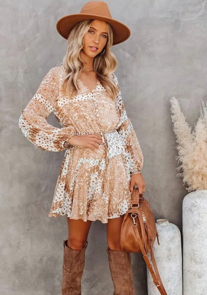 Gypsy Floral Mini Dress with Long Sleeves