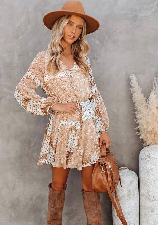 Gypsy Floral Mini Dress with Long Sleeves