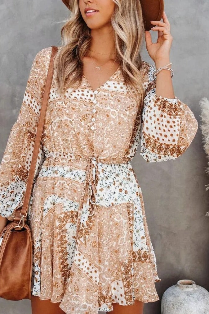 Gypsy Floral Mini Dress with Long Sleeves
