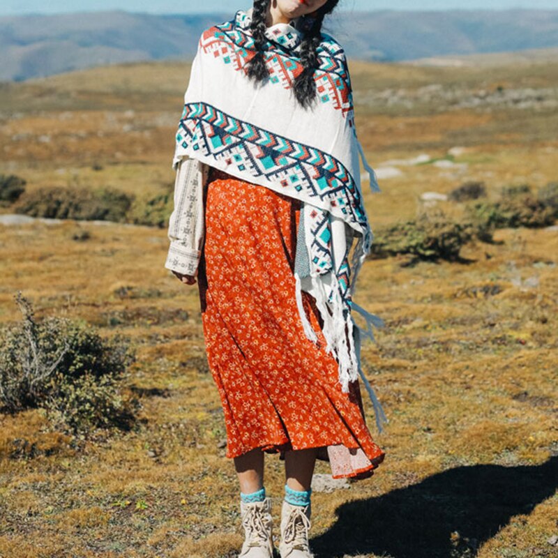 Winter Tribal Printed Gypsy/ Boho Knitted Poncho Cape with Tassels