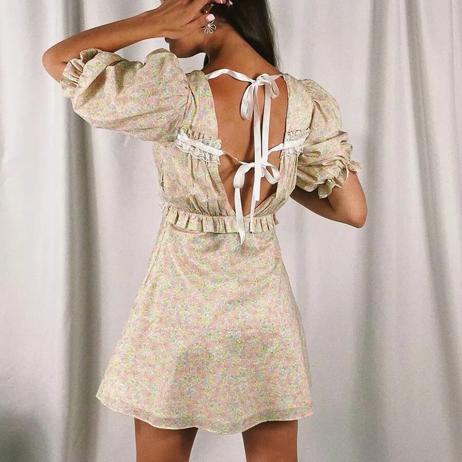 C. Bohemian Floral Print Mini Dress with Puff Sleeve and Backless Lace Tie-Up