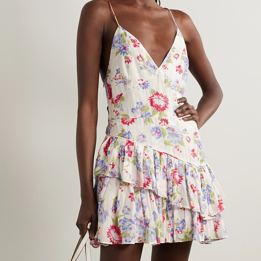 Boho Floral Print Mini Dress with Spaghetti Straps, V-neck and Tiered Ruffles
