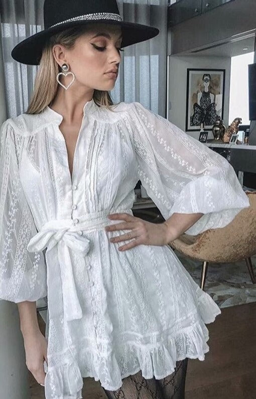 Bohemian White Lace Embroidered Mini Dress with Long Sleeves and Loose Tie Up