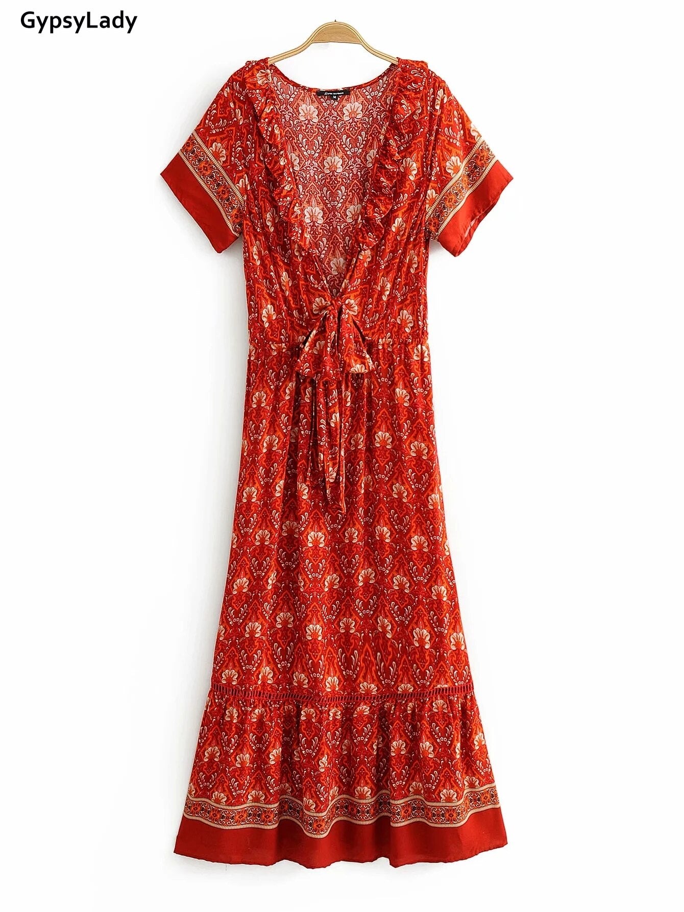 Vintage Boho Floral Printed Maxi Dress with Bow, Deep V-Neck