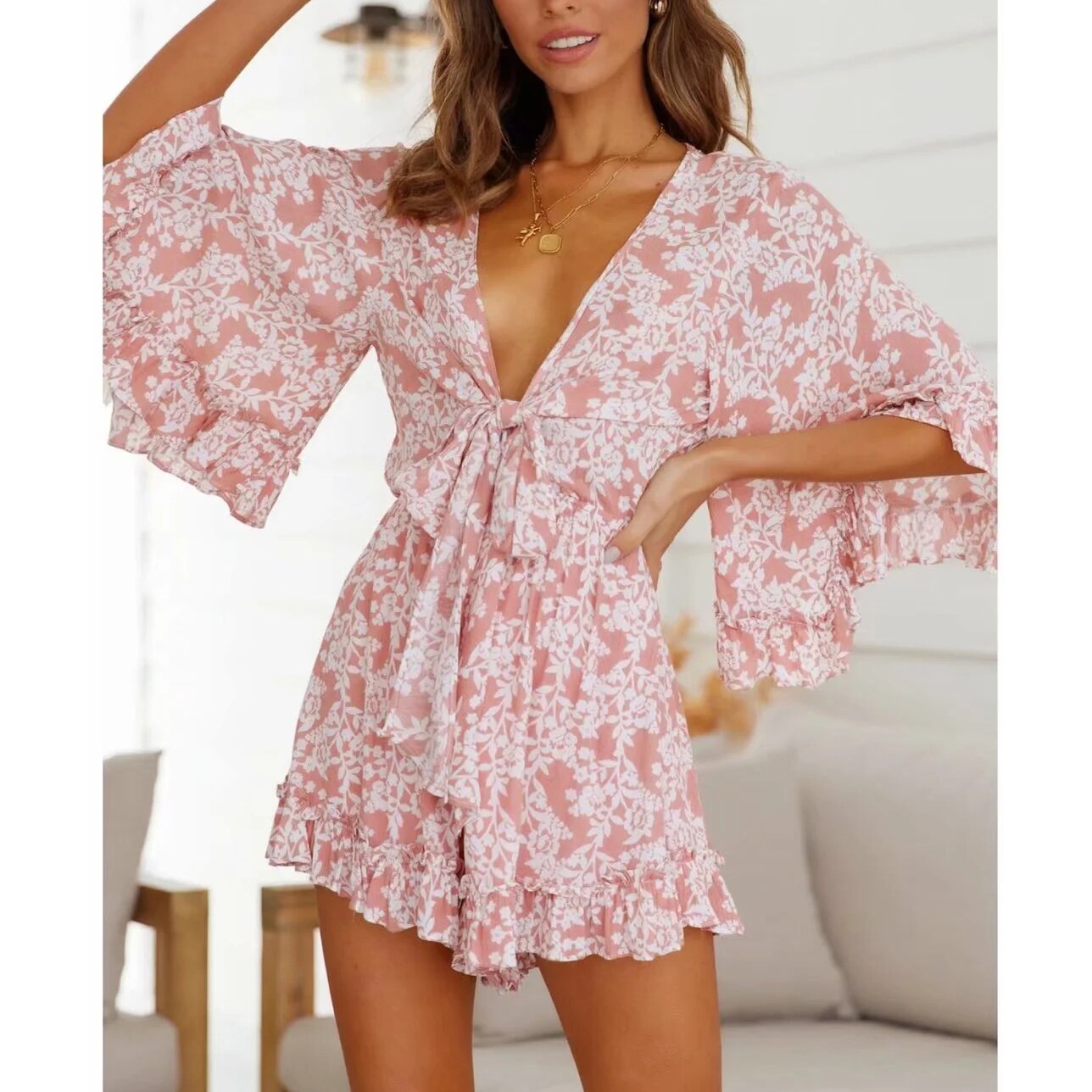 Gypsy/ Boho Floral Printed Mini Dress with Deep V-Neck, Bow and Ruffles