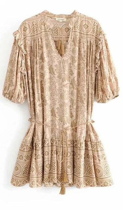 Boho Floral Printed Mini Dress with Half Sleeves, Tassels and Ruffles