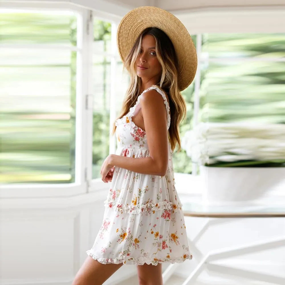 Boho Ruffle Floral Print Summer Mini