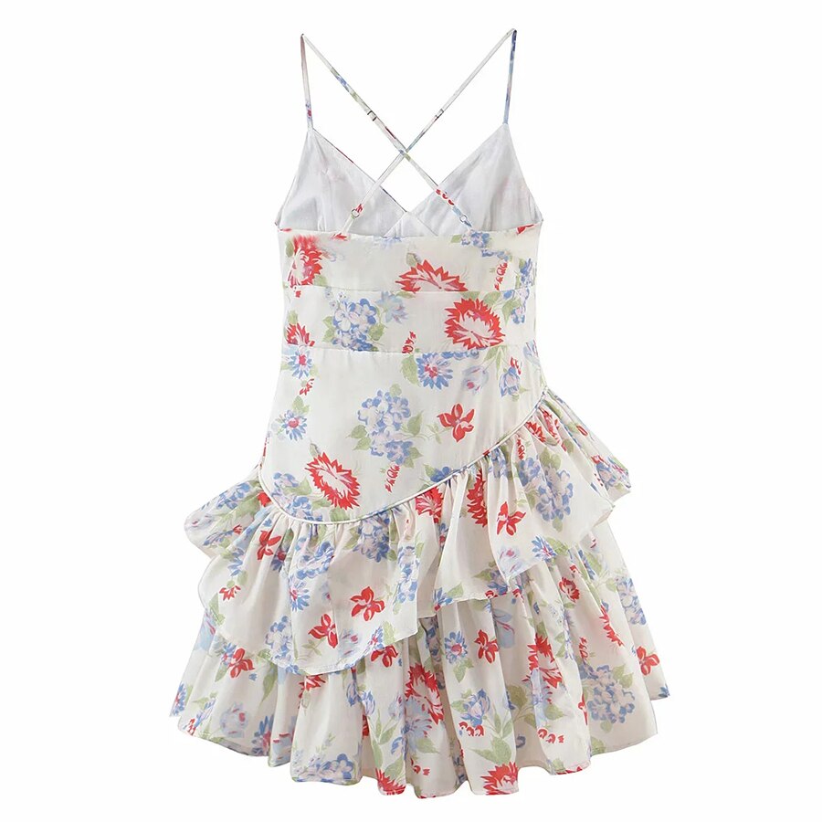 Boho Floral Print Mini Dress with Spaghetti Straps, V-neck and Tiered Ruffles