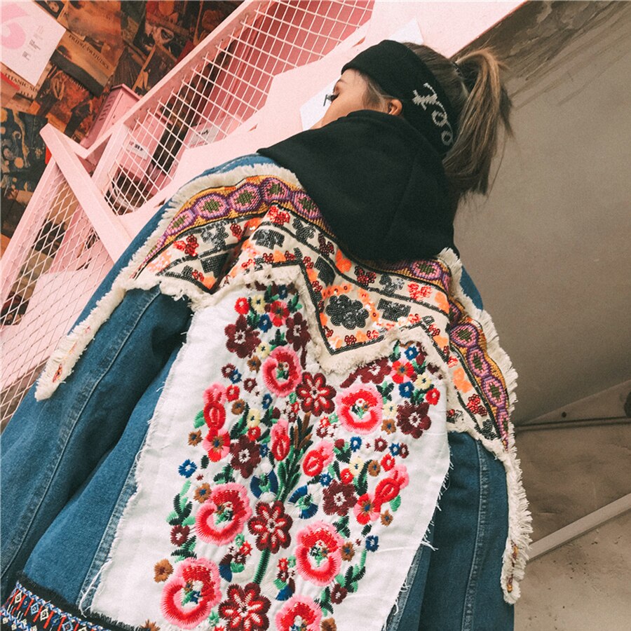 Winter Gypsy/ Boho Cotton Denim Jacket with Retro Floral Embroidery