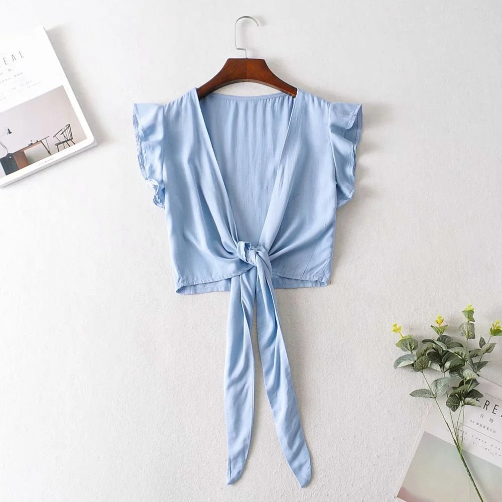 Boho Style Sexy Summer Crop Top With Ruffle Sleeves and V-Neck Casual Tie Up Front