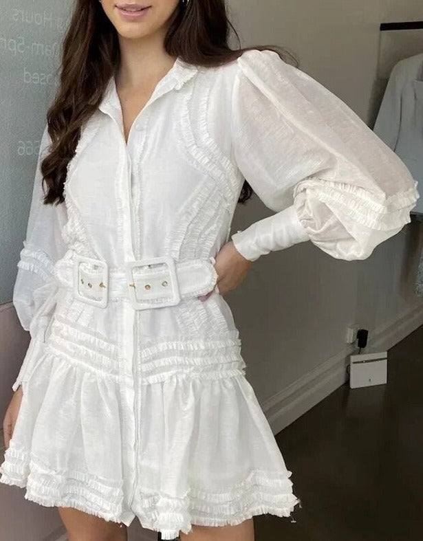 Gypsy/ Vintage White Cotton Mini Dress with Lantern Sleeves and Double White Belt