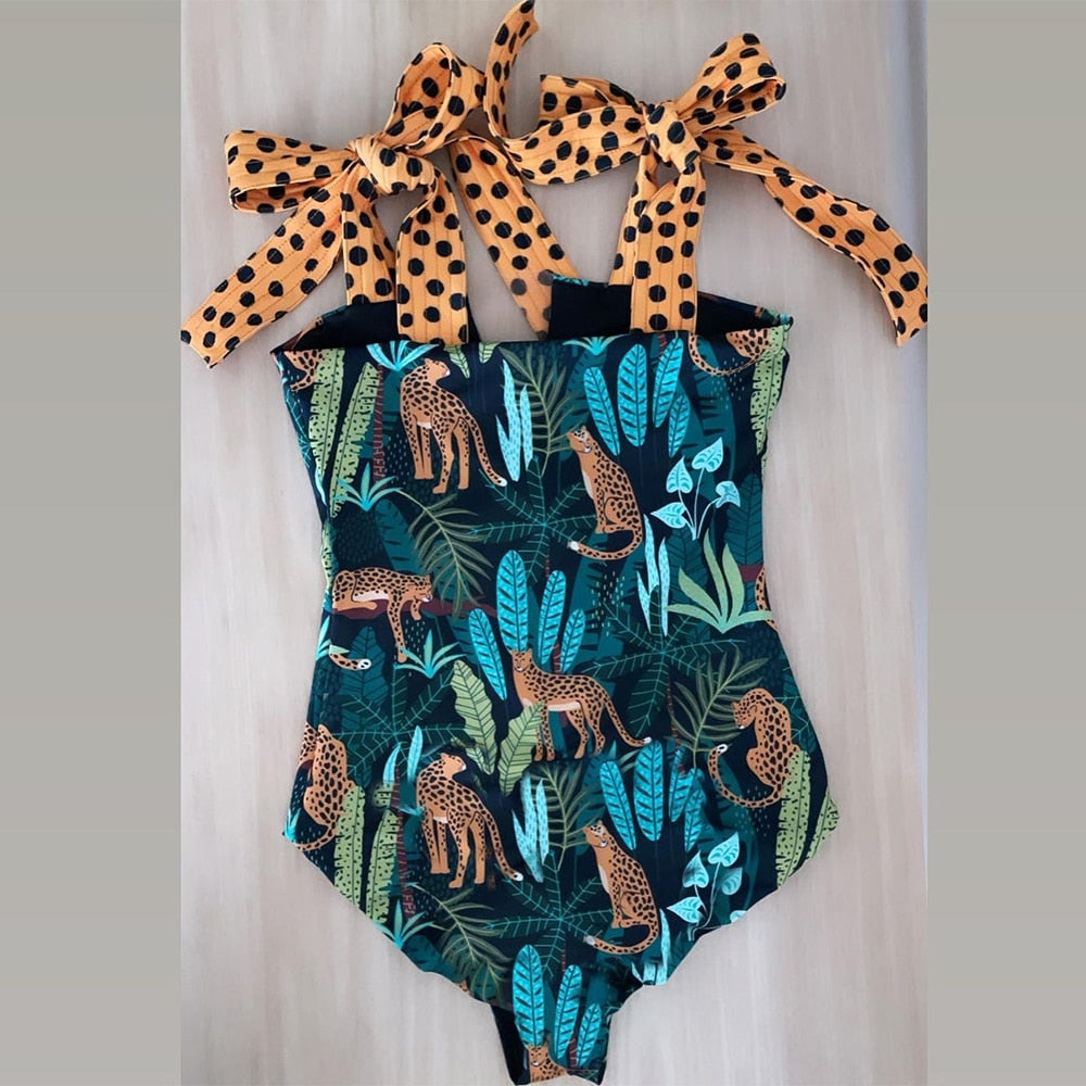 Vintage Style One Piece Monokini Swimsuit with Bow Shoulder Straps