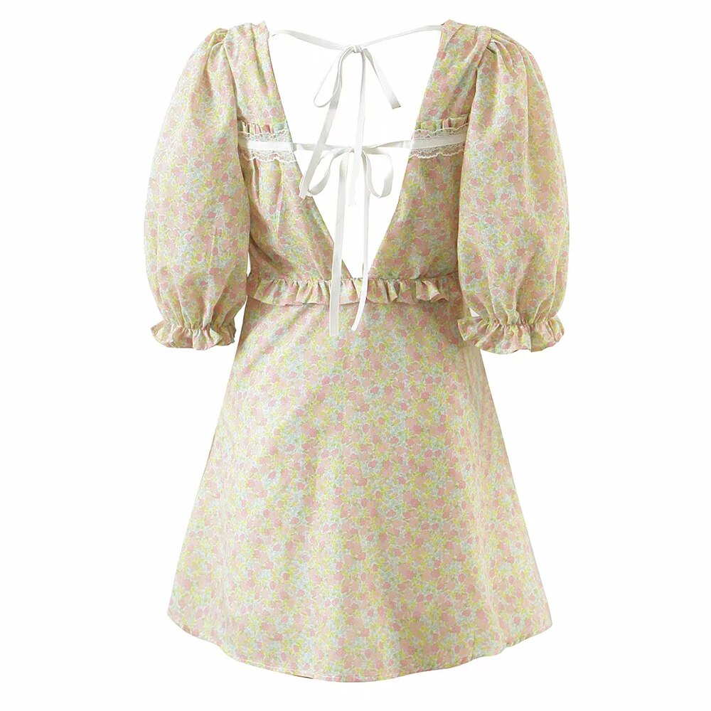 C. Bohemian Floral Print Mini Dress with Puff Sleeve and Backless Lace Tie-Up