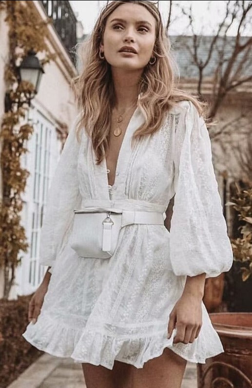 Bohemian White Lace Embroidered Mini Dress with Long Sleeves and Loose Tie Up