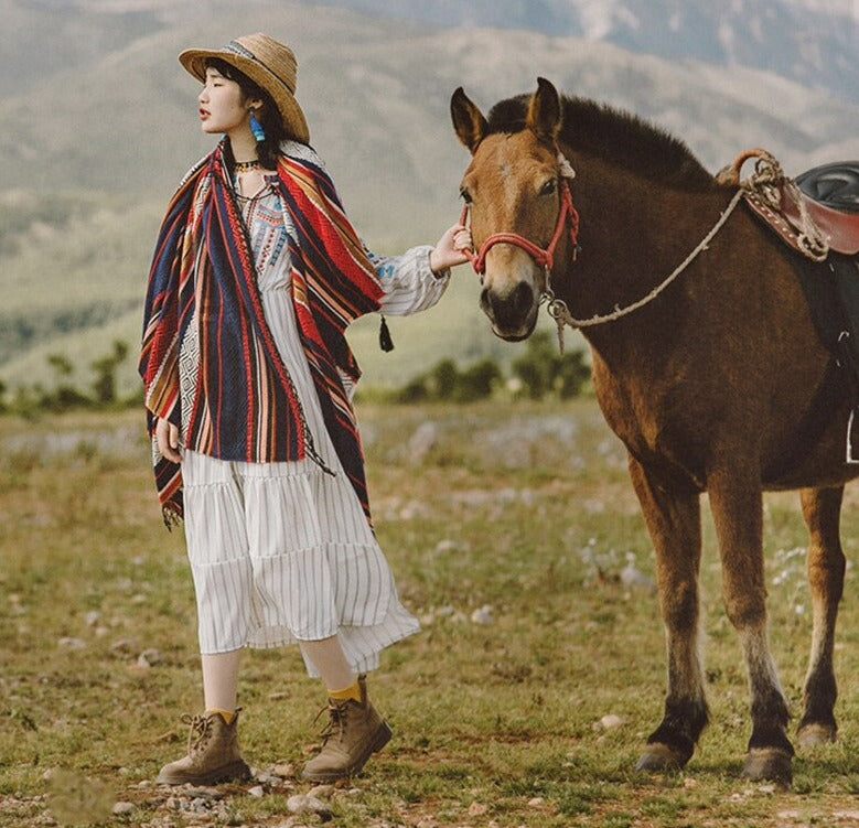 Winter Gypsy/ Boho Floral Knitted Poncho Capes with Tassels