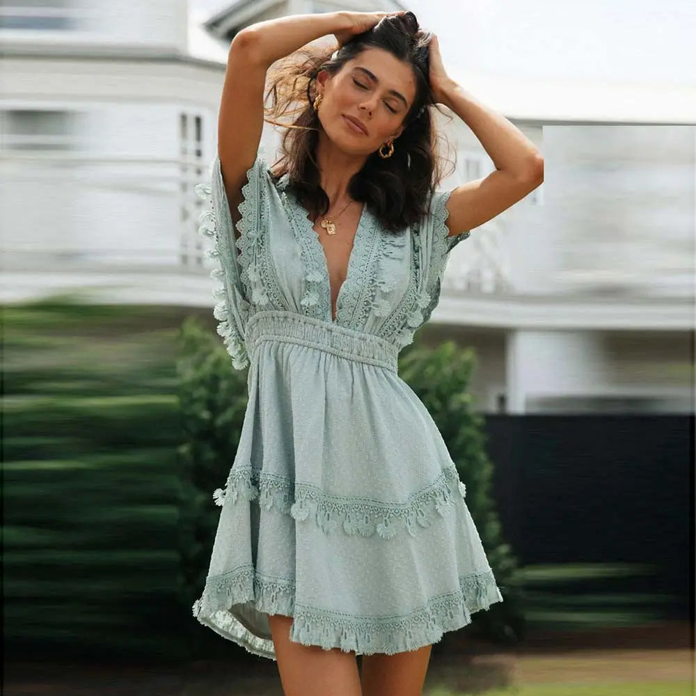 Boho Cotton Summer Sundress with V-Neck, Tassel Lace Tie-Up and a Batwing Sleeve
