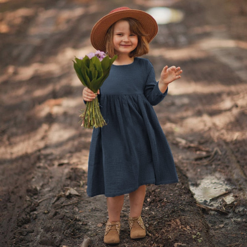 Vintage Style 100% Cotton Girl's/ Kids Casual Dress. Button-Down Dresses with Long Sleeves