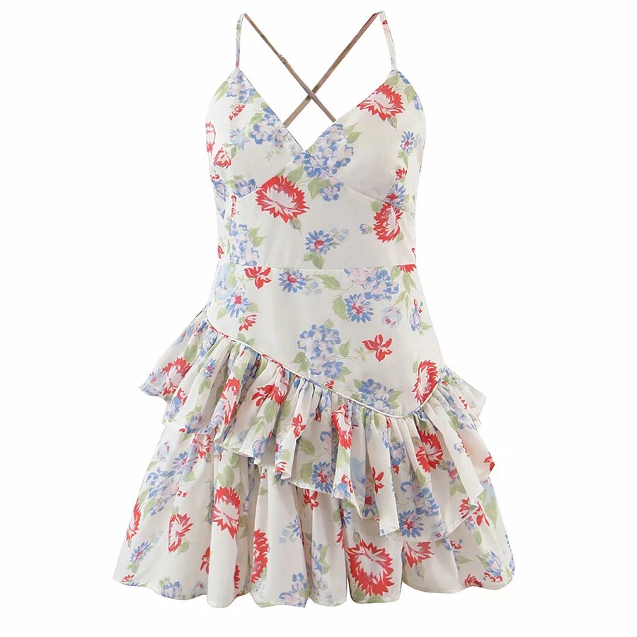 Boho Floral Print Mini Dress with Spaghetti Straps, V-neck and Tiered Ruffles