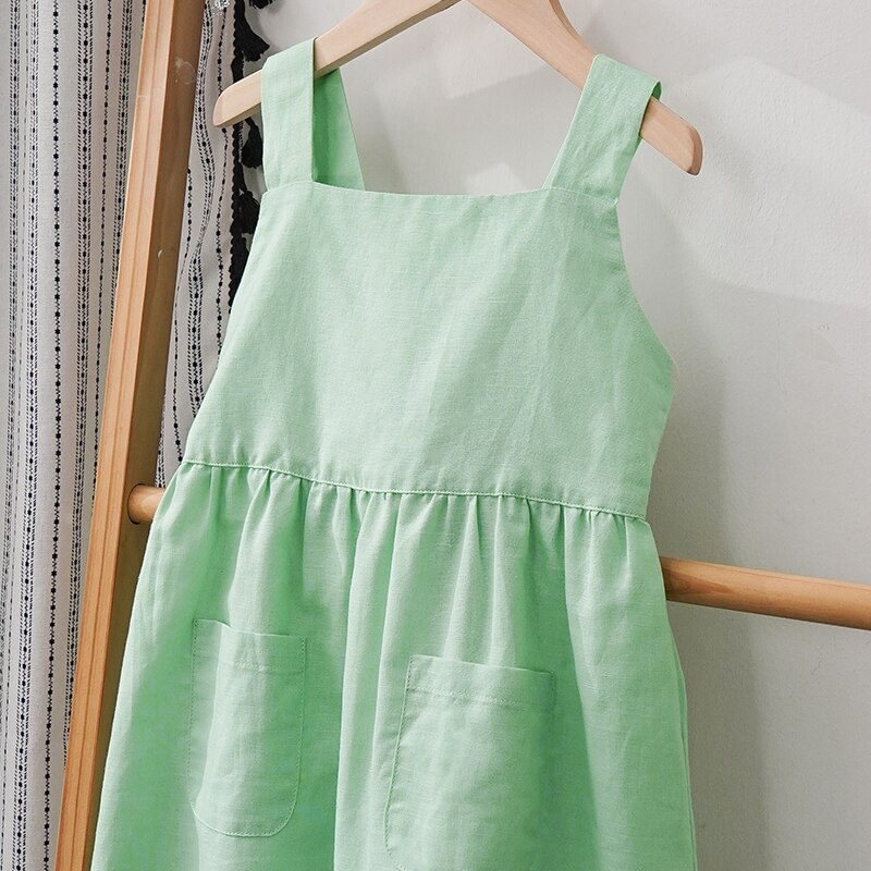 Cotton And Linen Sleeveless Suspender Kids Dresses With Adjustable Shoulder Straps and Casual Pocket (4-6 Years)