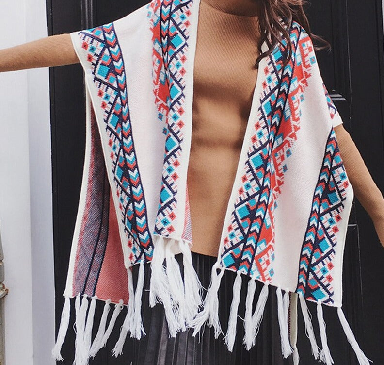 Winter Tribal Printed Gypsy/ Boho Knitted Poncho Cape with Tassels