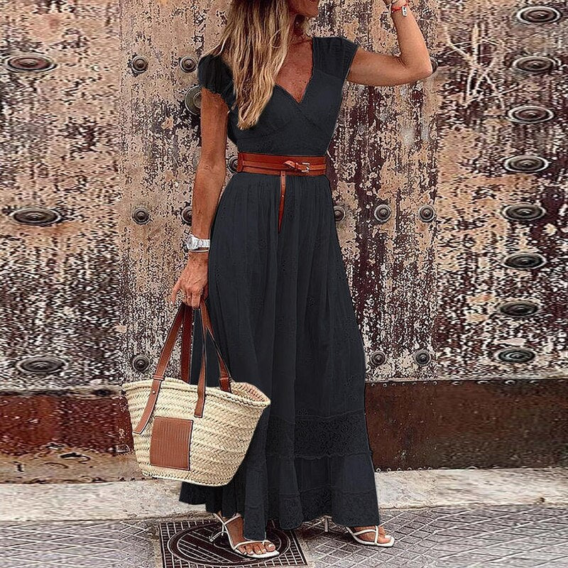 Bohemian White Maxi Dress, Short Sleeves with V-Neck, Lace and Belt