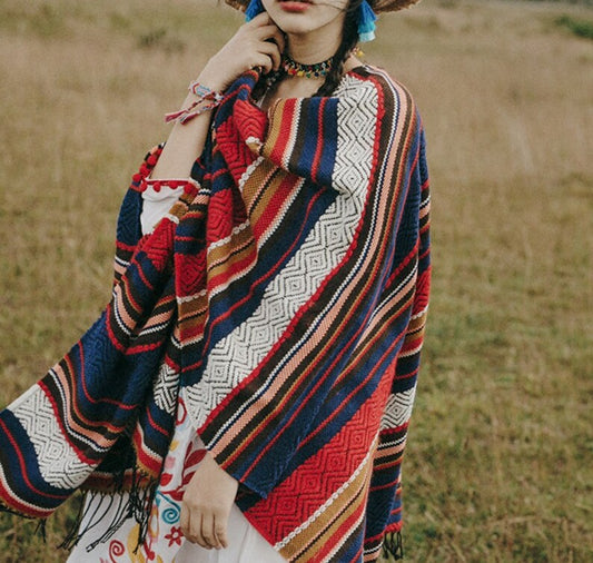 Winter Gypsy/ Boho Floral Knitted Poncho Capes with Tassels
