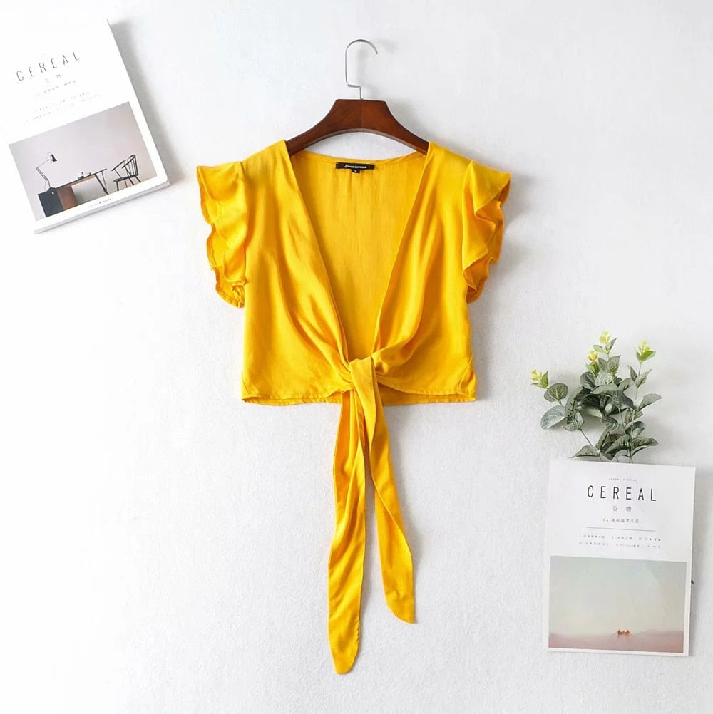 Boho Style Sexy Summer Crop Top With Ruffle Sleeves and V-Neck Casual Tie Up Front