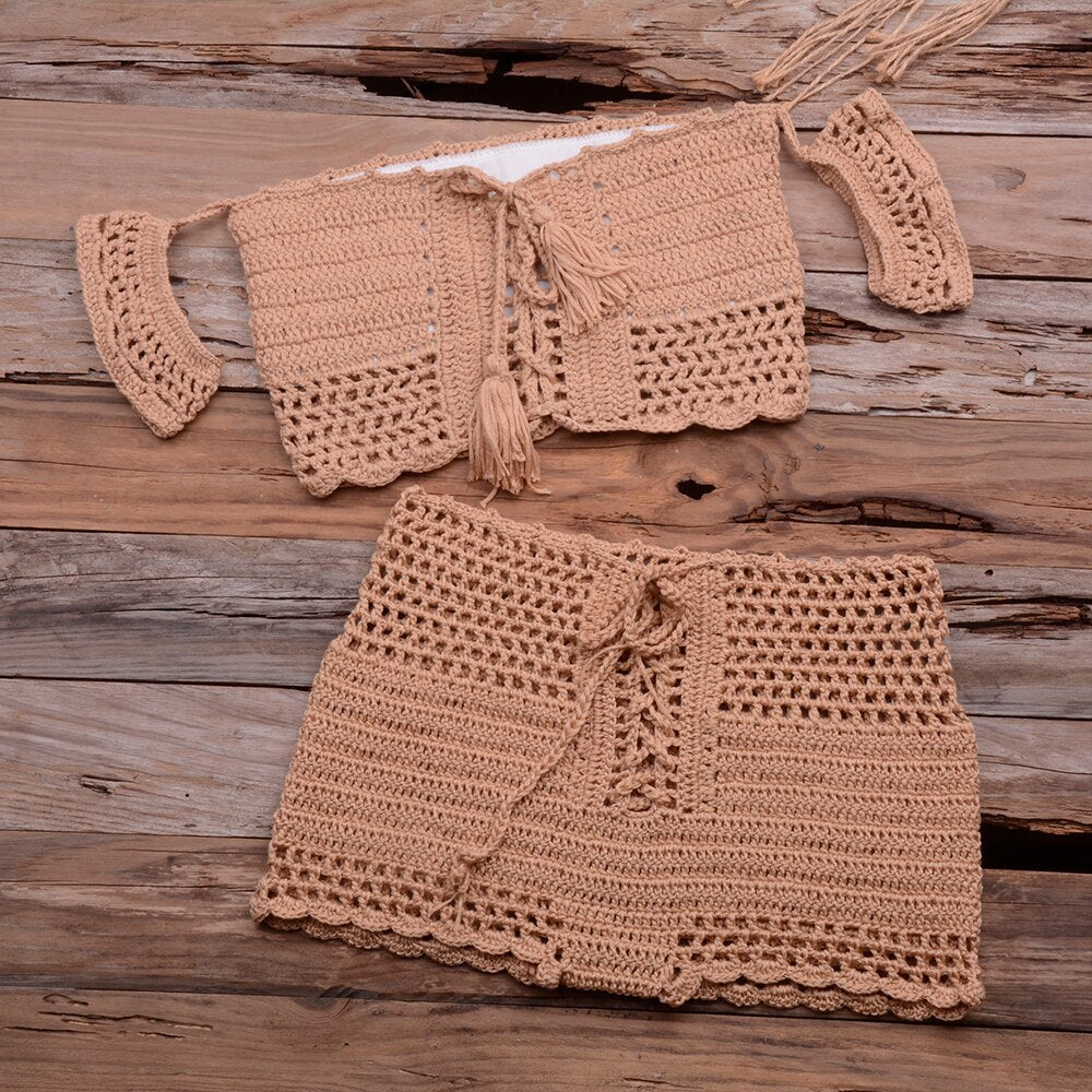 Bohemian Fashion Crocheted Beach Bikini Set, Off the Shoulder with Tassels