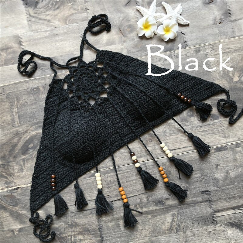 Knitted/ Crocheted Boho Style Halter Bikini Tops with Tassels