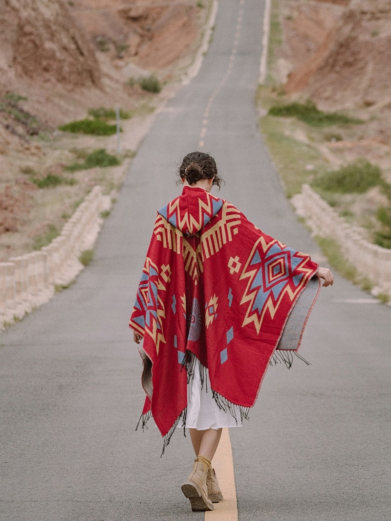 Winter Tribal Print Red Poncho Cloak, Gypsy/ Boho Style with Hoodie, Long Sleeves and Tassels.