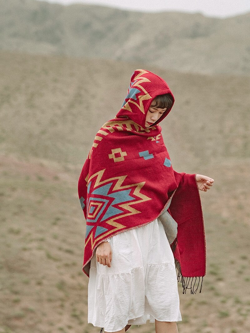 Winter Tribal Print Red Poncho Cloak, Gypsy/ Boho Style with Hoodie, Long Sleeves and Tassels.
