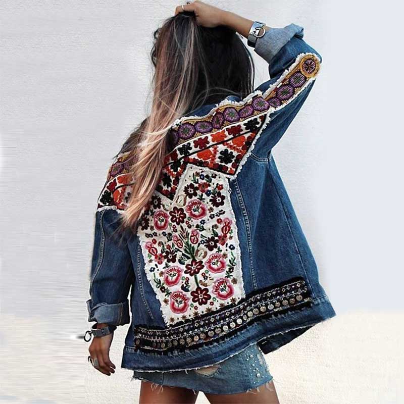 Winter Gypsy/ Boho Cotton Denim Jacket with Retro Floral Embroidery