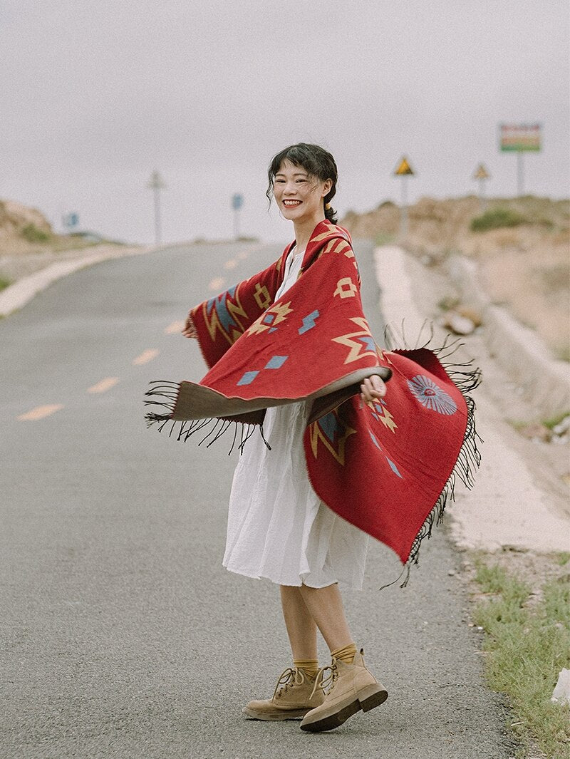 Winter Tribal Print Red Poncho Cloak, Gypsy/ Boho Style with Hoodie, Long Sleeves and Tassels.