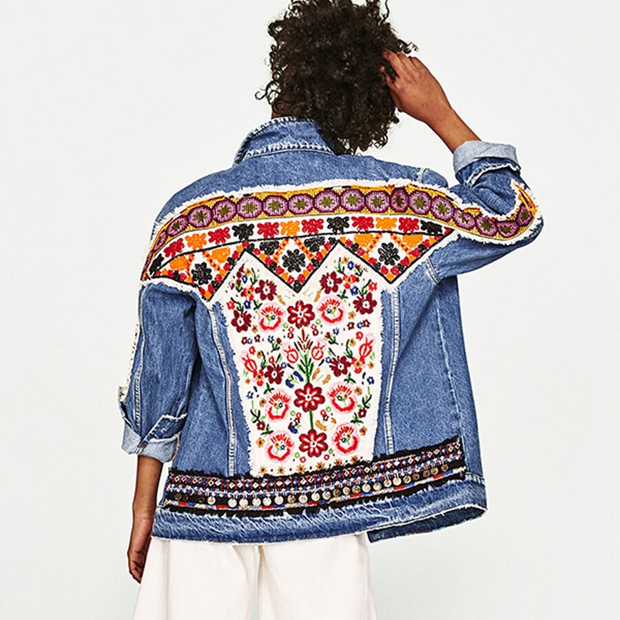 Winter Gypsy/ Boho Cotton Denim Jacket with Retro Floral Embroidery