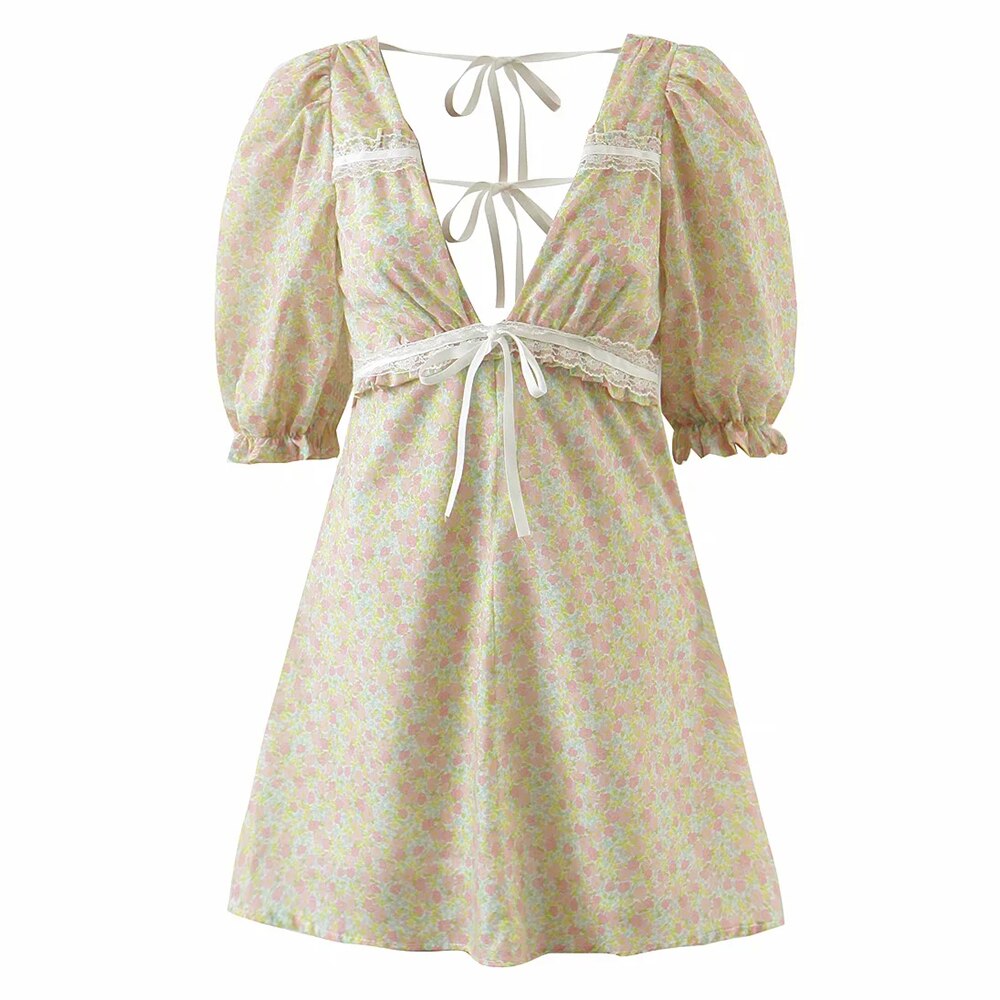C. Bohemian Floral Print Mini Dress with Puff Sleeve and Backless Lace Tie-Up