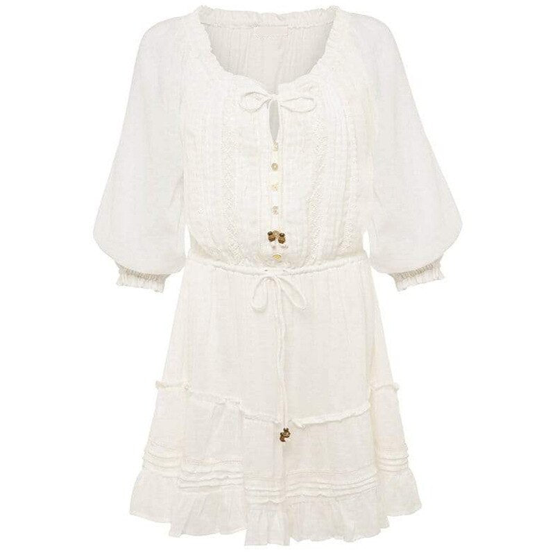 Boho Cotton Mini Dress with Embroidery and Ruffles.