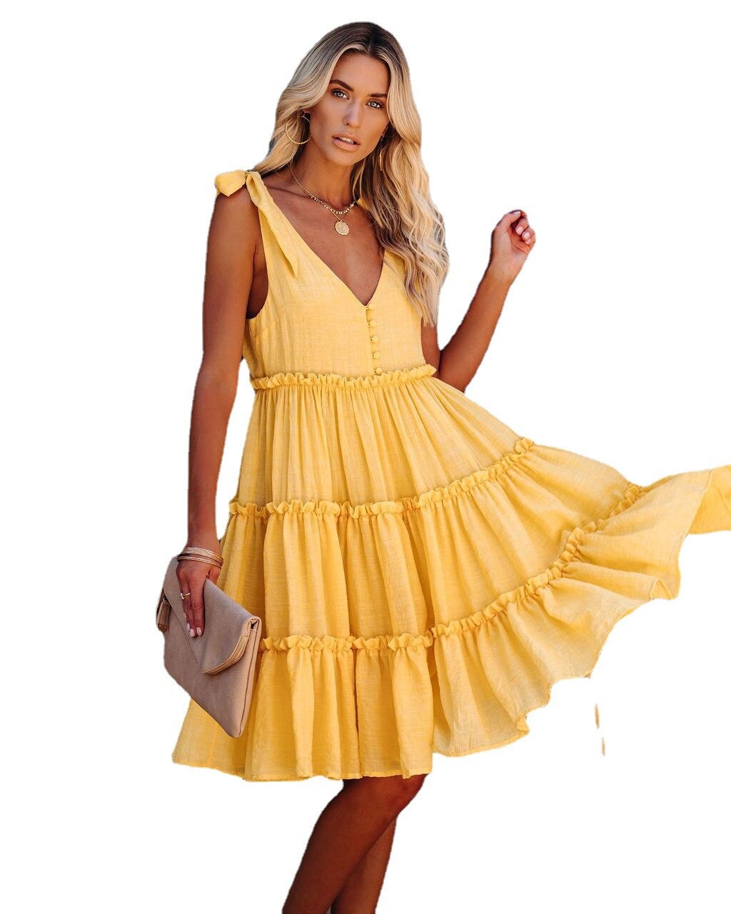 Bohemian Button Up Cotton Dress. Pleated, Ruffles and V-Neck