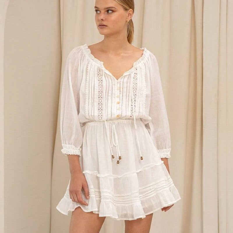 Boho Cotton Mini Dress with Embroidery and Ruffles.
