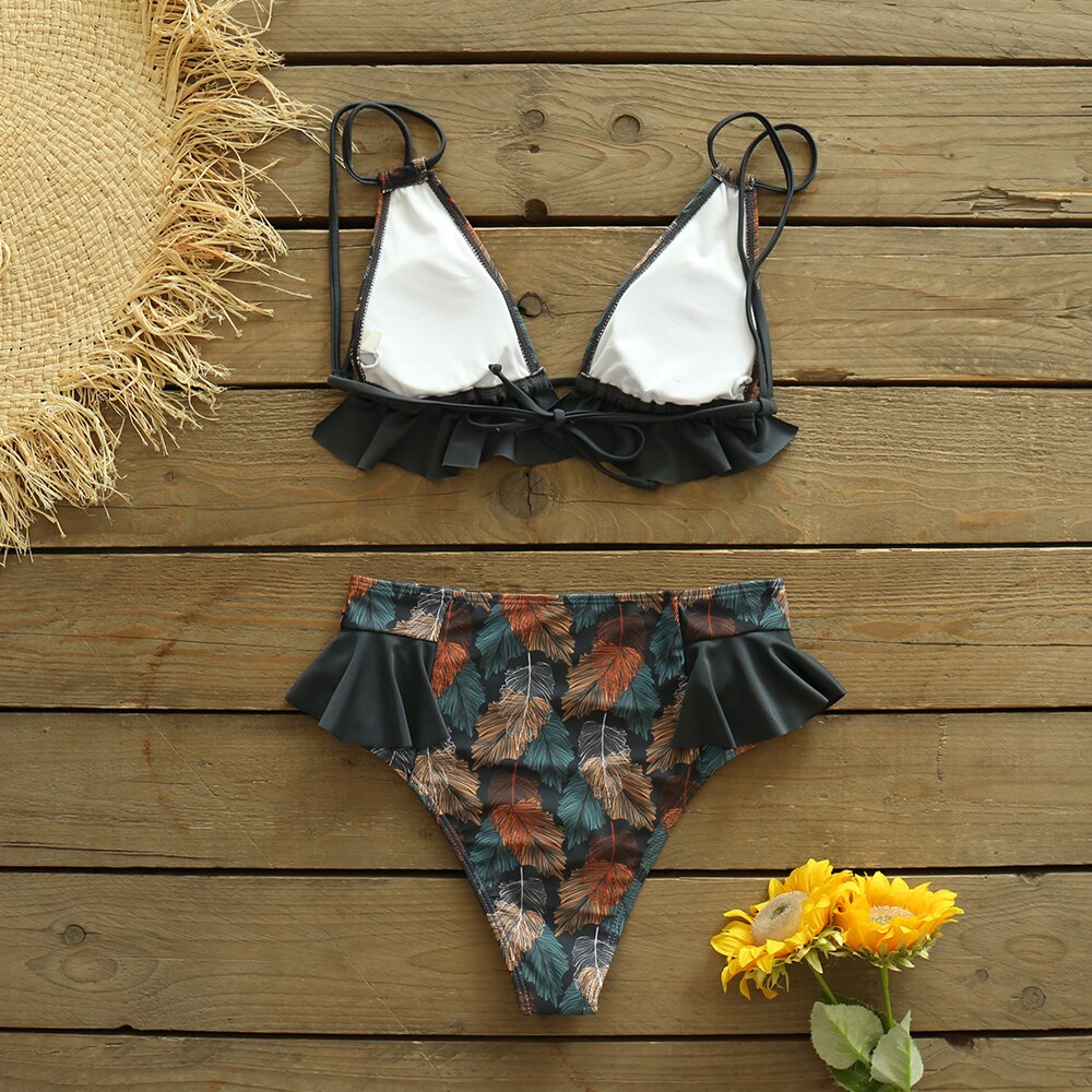 Boho Style High- Waisted Print Bikini Set with Ruffle