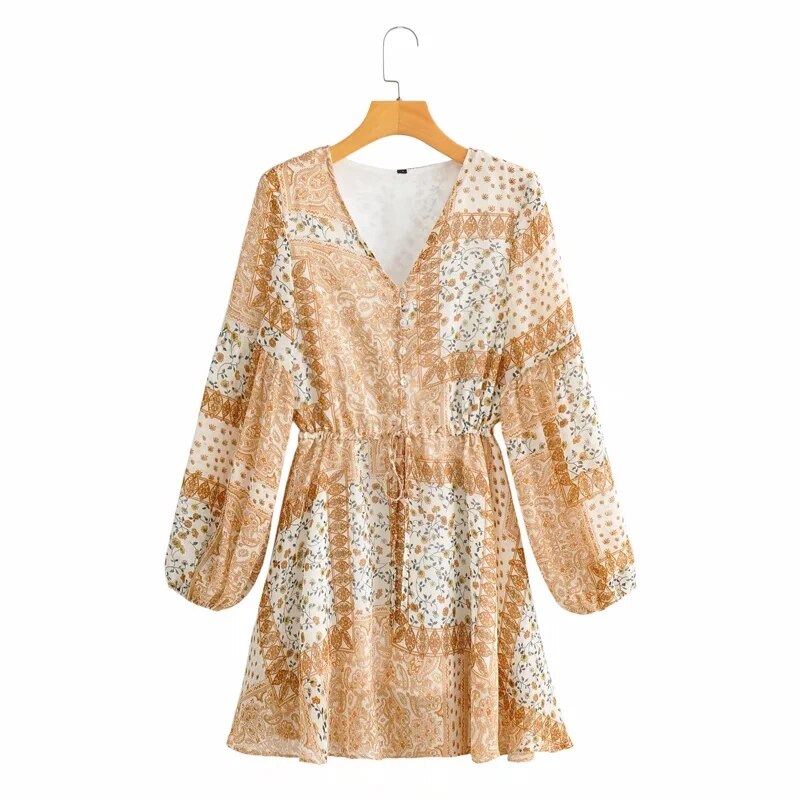 Gypsy Floral Mini Dress with Long Sleeves