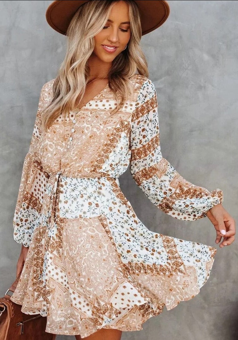 Gypsy Floral Mini Dress with Long Sleeves