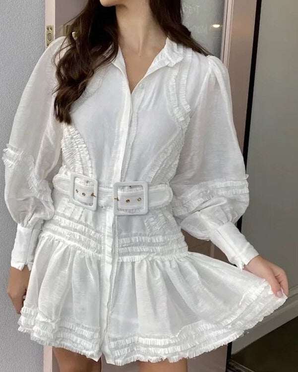 Gypsy/ Vintage White Cotton Mini Dress with Lantern Sleeves and Double White Belt