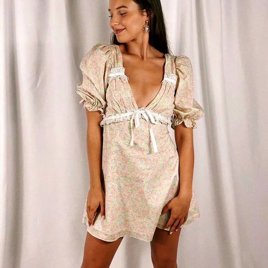 C. Bohemian Floral Print Mini Dress with Puff Sleeve and Backless Lace Tie-Up