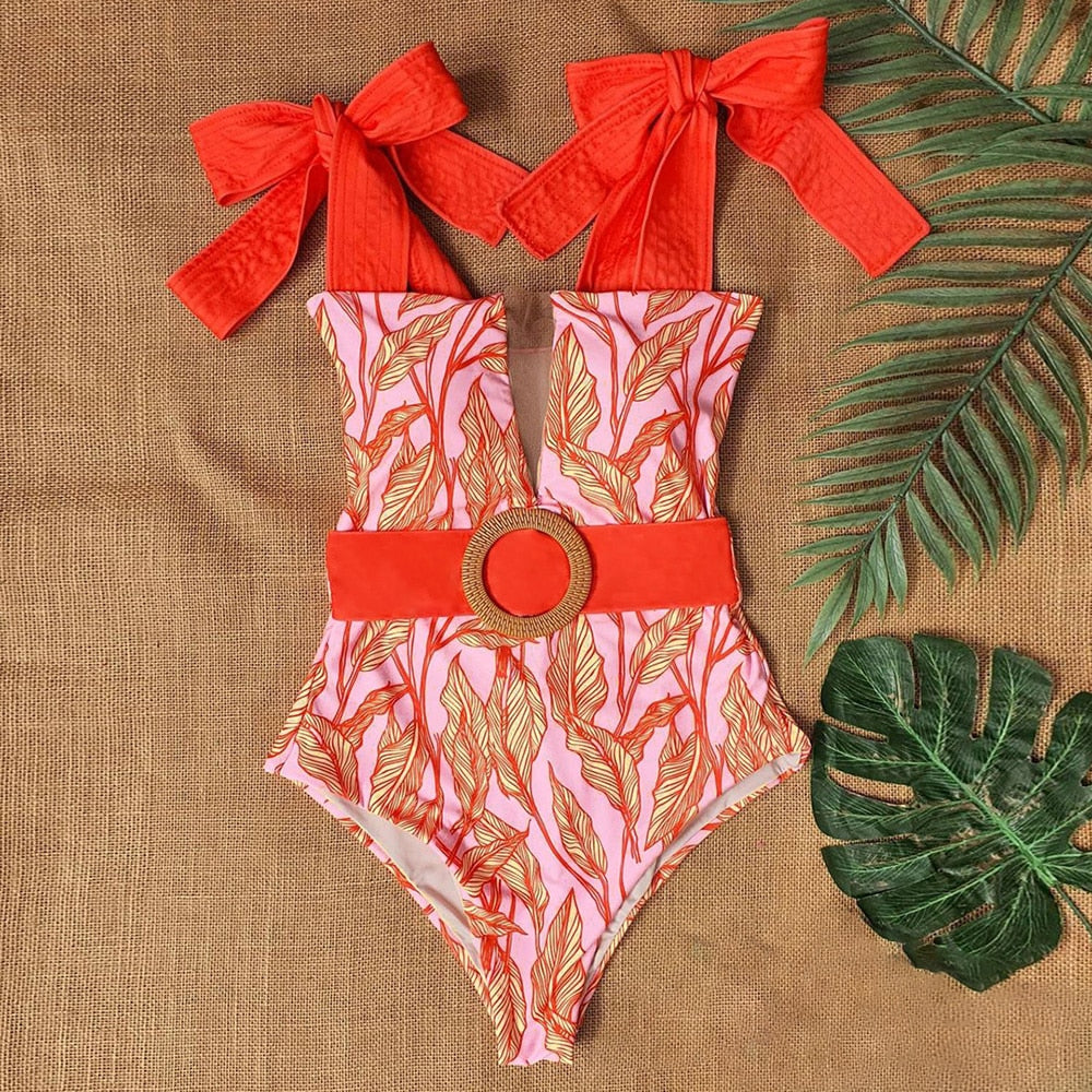 Vintage Style One Piece Monokini Swimsuit with Bow Shoulder Straps