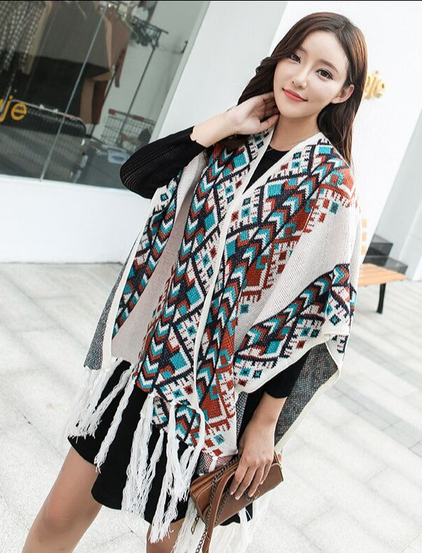 Winter Tribal Knitted Poncho Cape